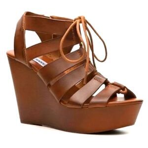 Steve Madden Limmoo Caged Wedges Faux Wooden Look Brown 9.5
